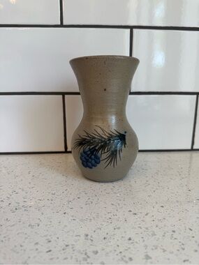 Vintage Rowe Pottery Works Stoneware Salt Glaze Vase Blue Pine Cone Motif 6”